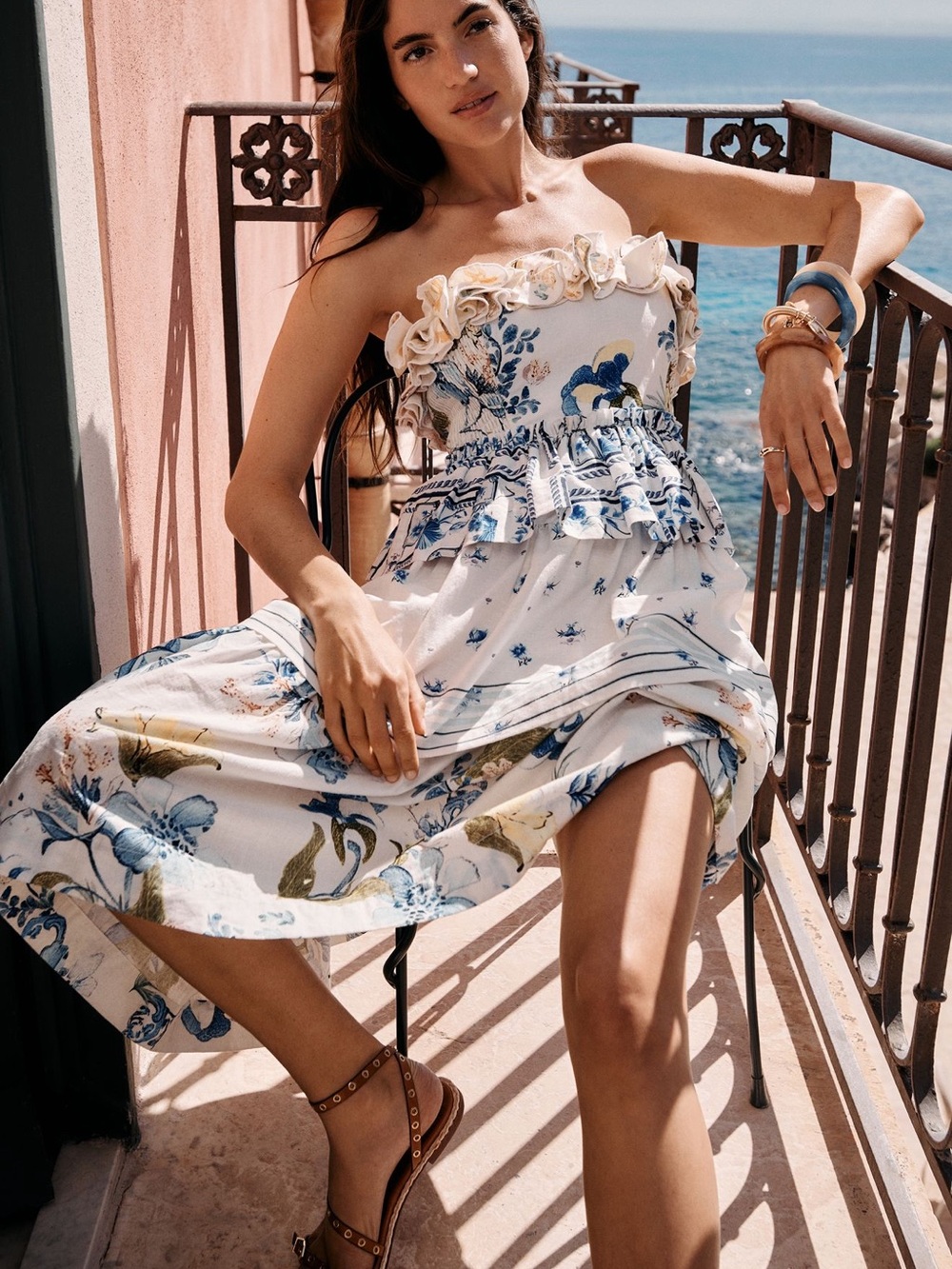 Anthropologie Floral Ruffle Tiered Off-Shoulder Dress - Blue & Cream